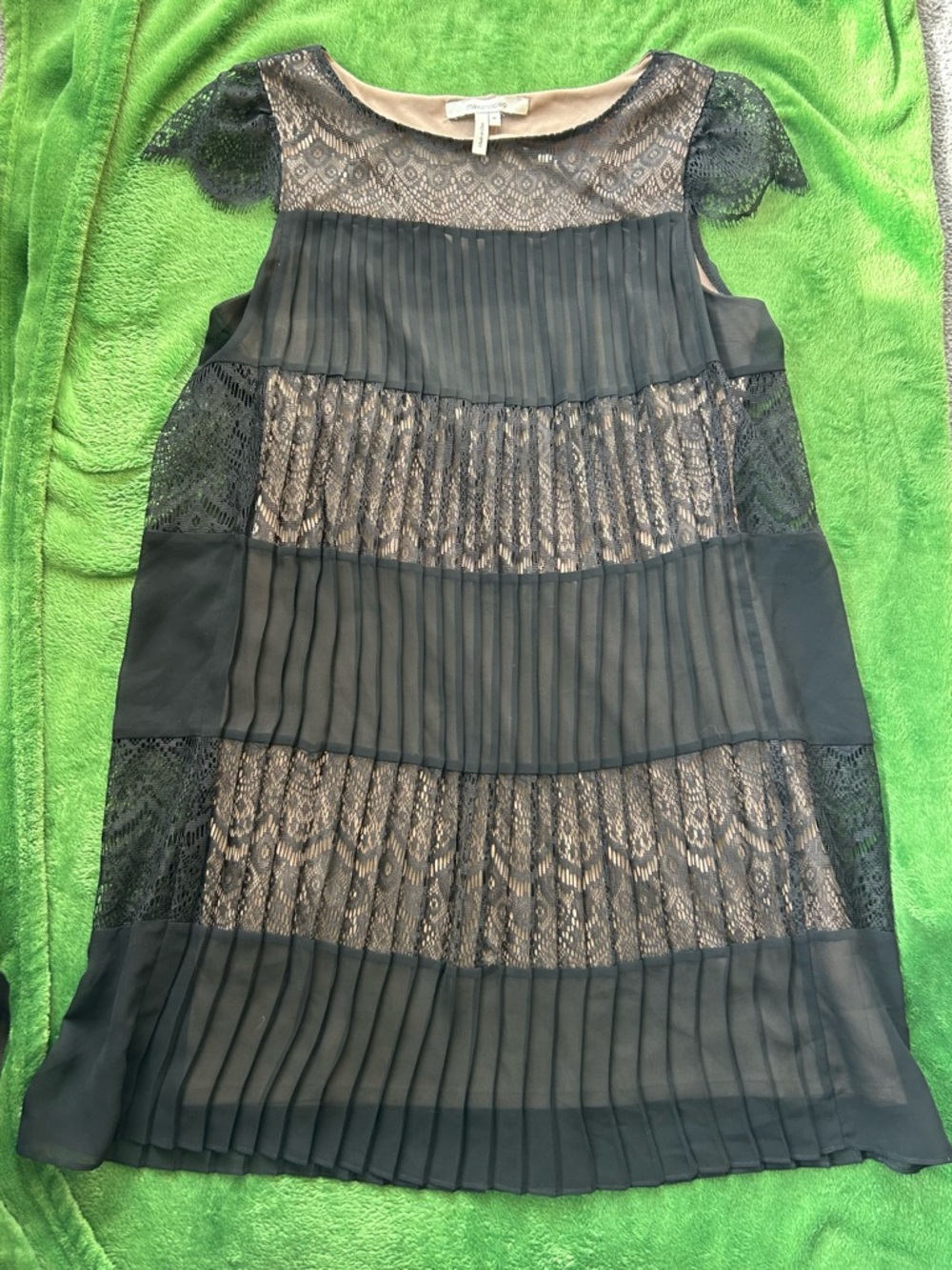 Max & Cleo Black Lace Overlay Dress with Taupe Lining